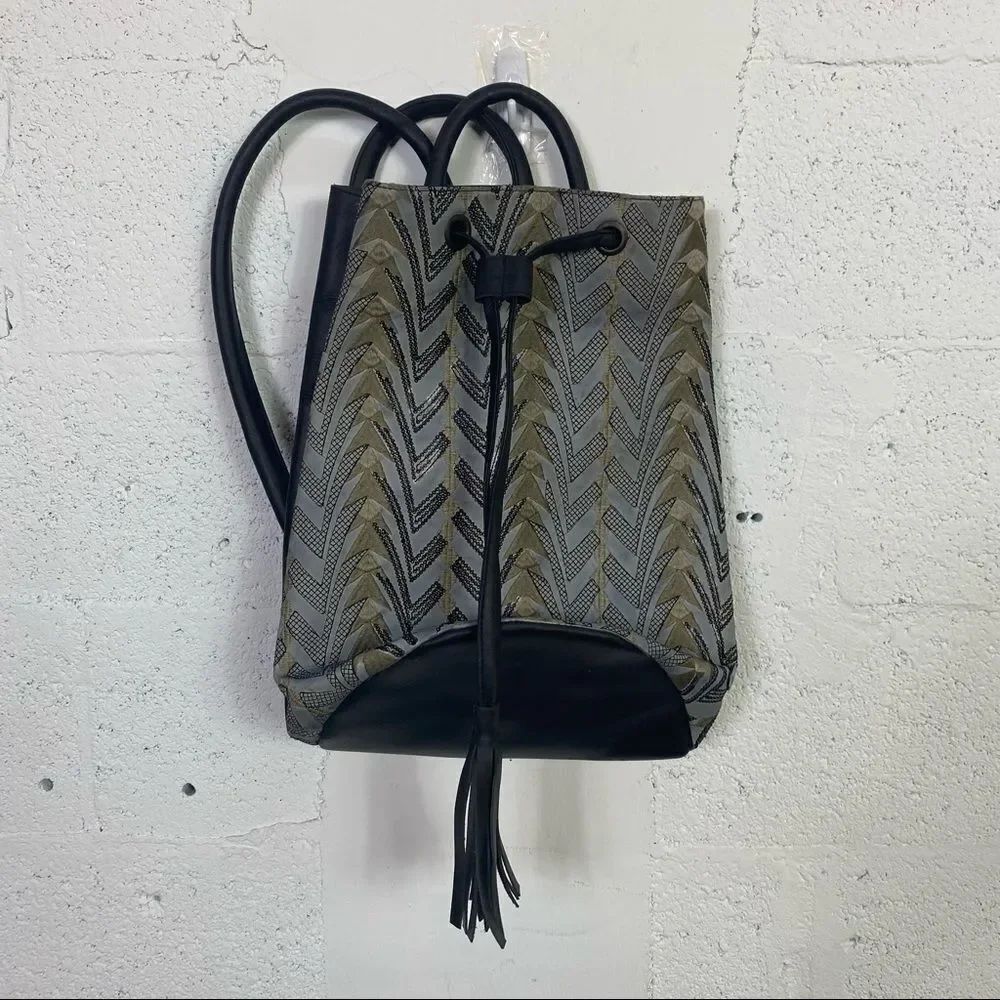 Gitta Black Silver Chevron Printed Drawstring Close Bucket Backpack